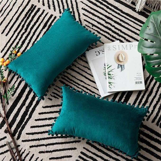 DEZENE 12x20 Throw Pillow Cases Teal: 2 Pack Cozy Soft Pom-poms Velvet Rectangular Decorative Pil... | Amazon (US)