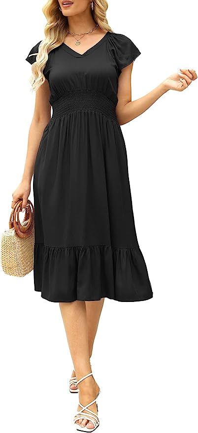 lilima Womens Summer Boho Flutter Short Sleeve V Neck Smocked Empire Waist Tiered Midi Dress | Amazon (US)