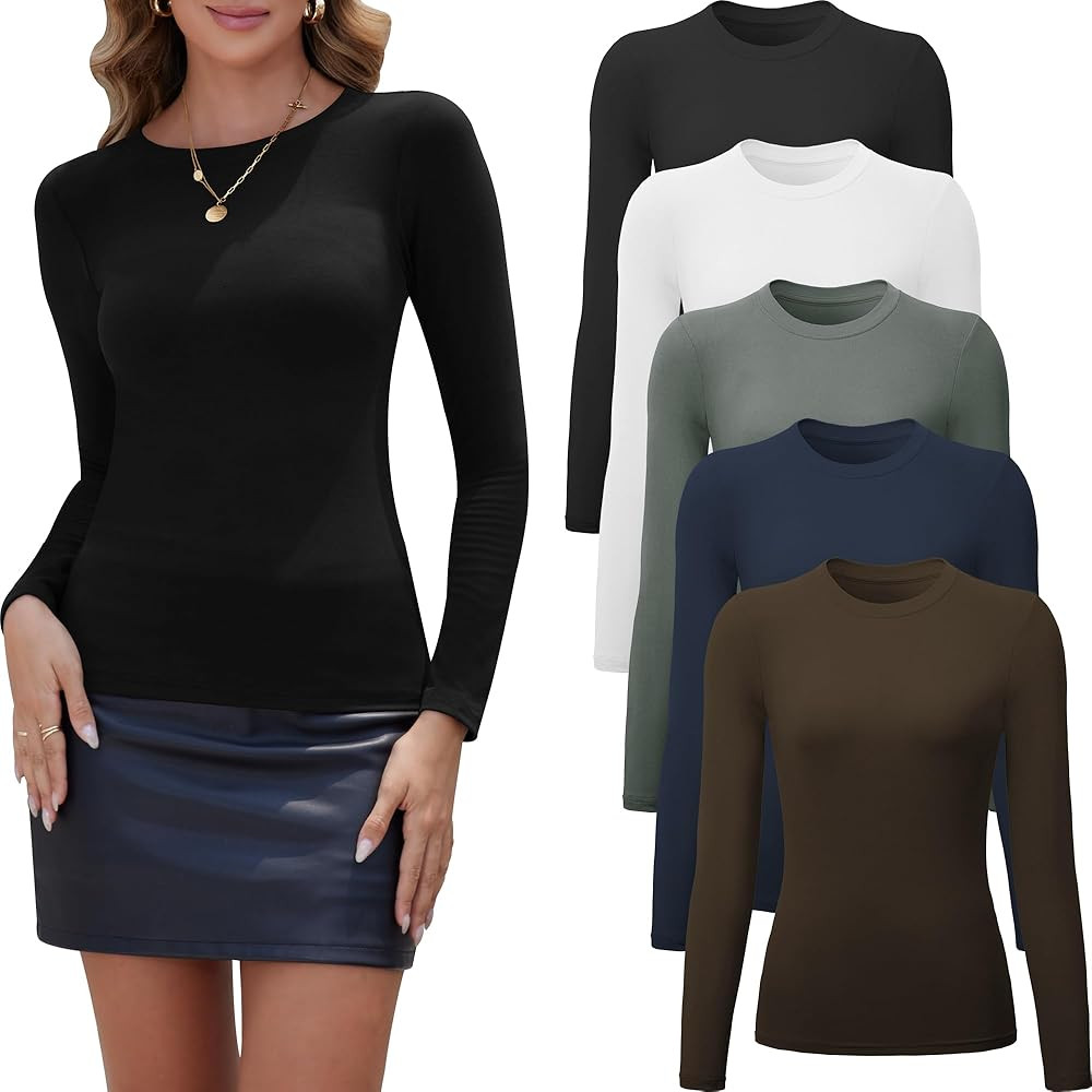 5 Pack Long Sleeve Tops for Women Stretchy Fitted Long Sleeve Shirt Women Crew Neck Basic Tops fo... | Amazon (US)