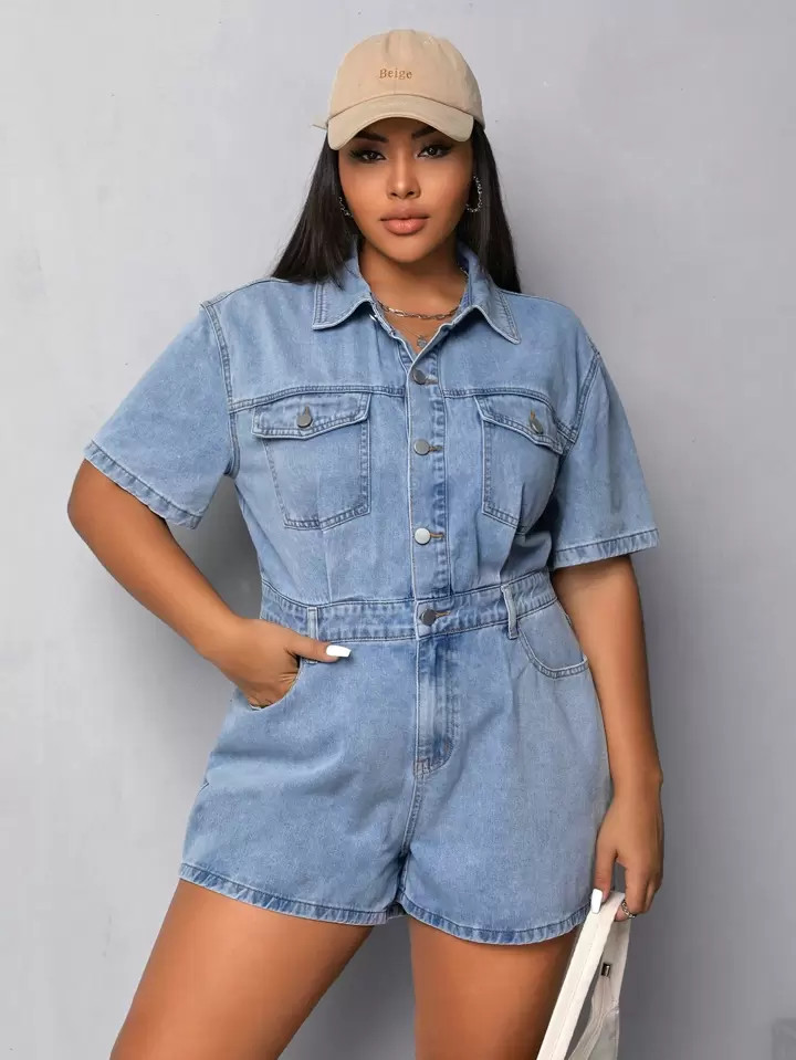 SHEIN EZwear Plus Flap Pocket Denim Romper | SHEIN