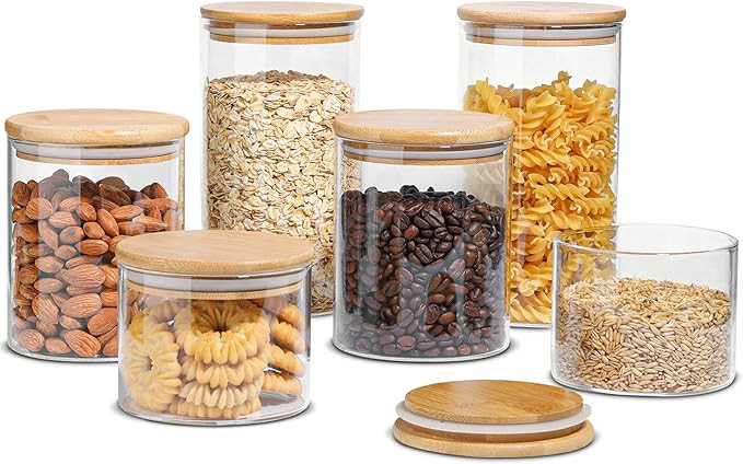 ComSaf Food Storage Container with Airtight Bamboo Lid Set of 6, Clear Glass Canister Food Jar wi... | Amazon (CA)