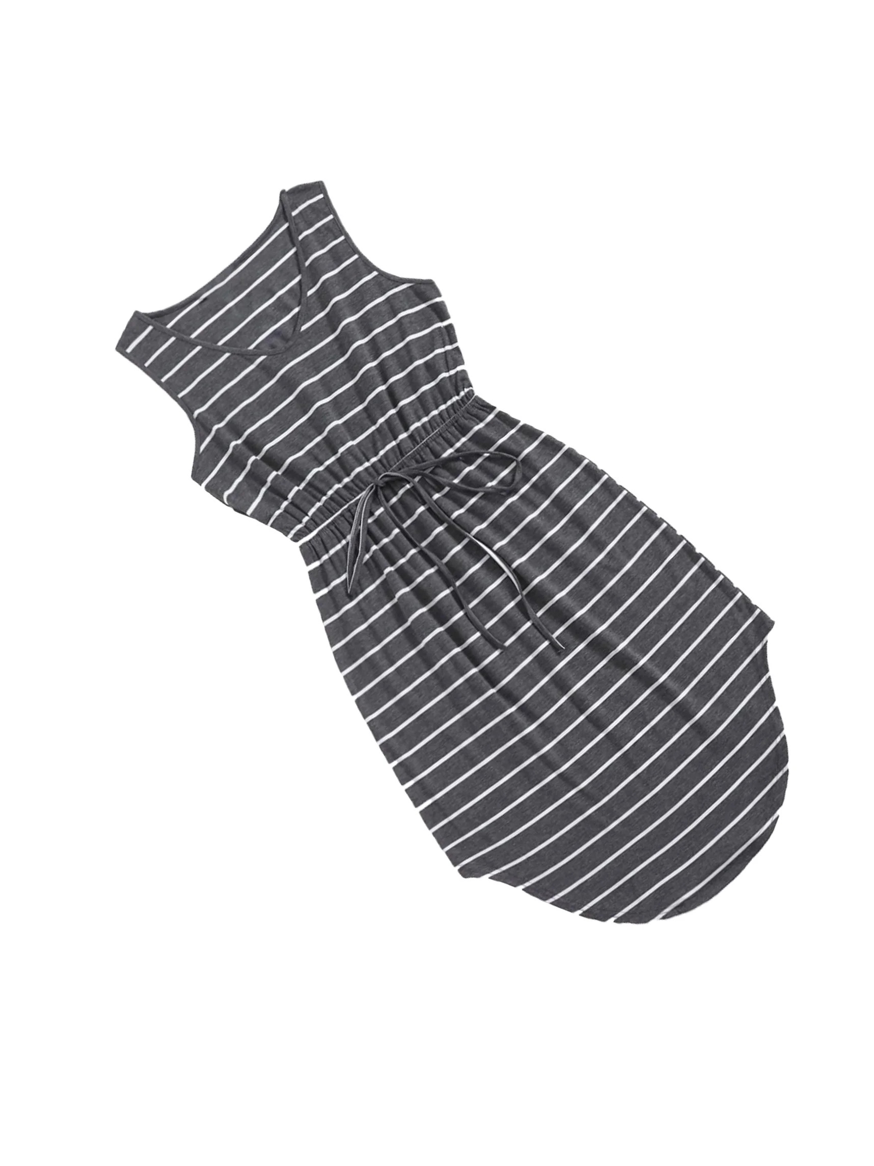 V neck Striped Tank Dark Grey Sleeveless Casual Women's Dresses | Walmart (US)
