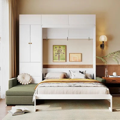Queen Size Murphy Bed Wall Bed with Sofa and Shelves,White Panel, Green Sofa | Wayfair North America
