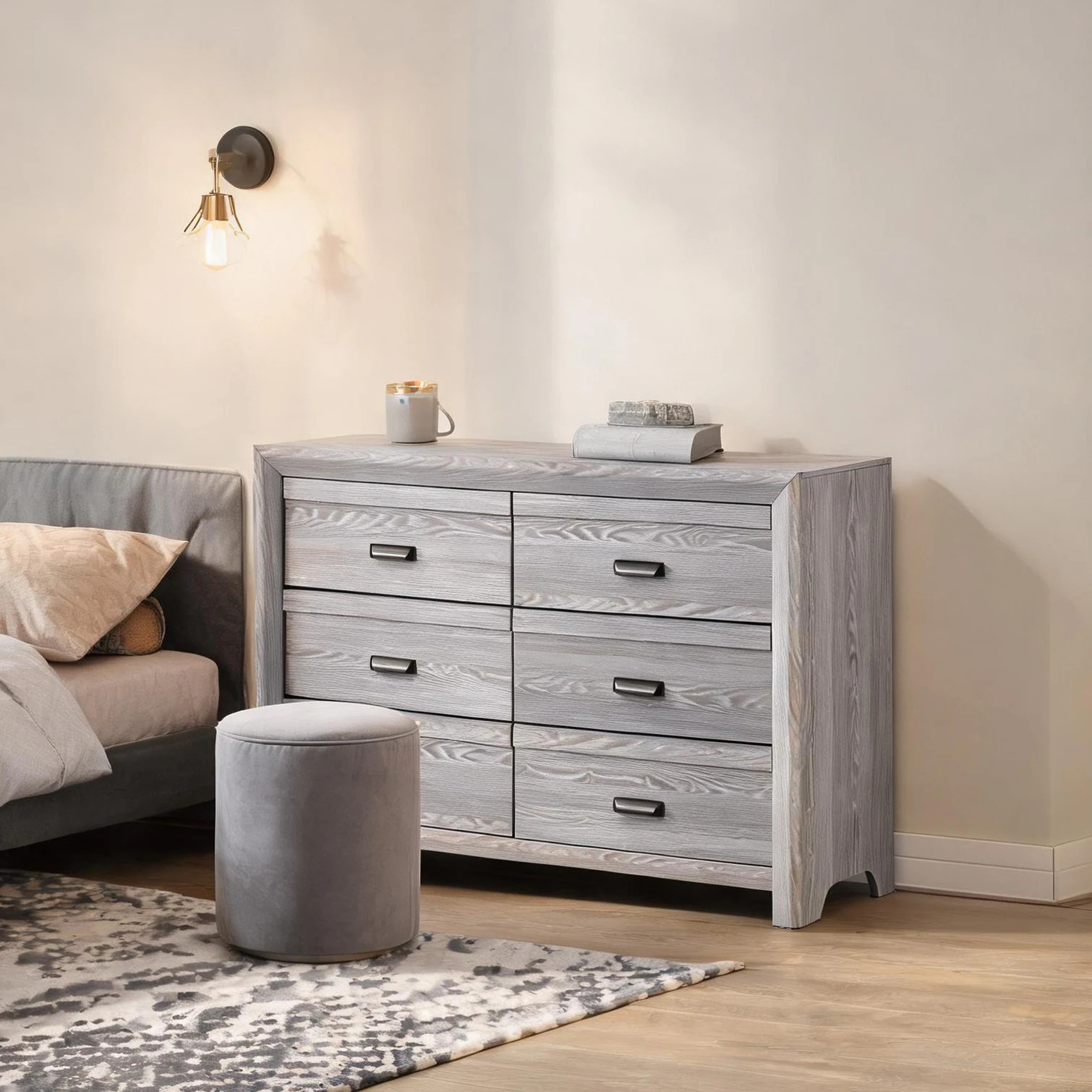 SunJet Gray Driftwood Double Dresser with Six Drawers and Metal Pulls for Modern Bedroom Storage one_size | 80VWJ5WQEZTG | Lowe's