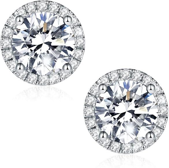 Moissanite Stud Earrings, Platium Plated Sterling Silver Lab Created Diamond earrings with 2pcs of 1 | Amazon (US)