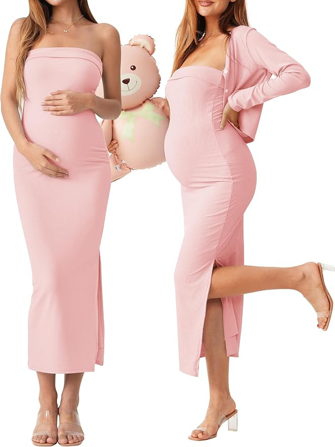 2 Piece Maternity Dress Cardigan Set, Strapless Bodycon Maxi Tube Dresses Long for Baby Shower Ph... | Amazon (US)