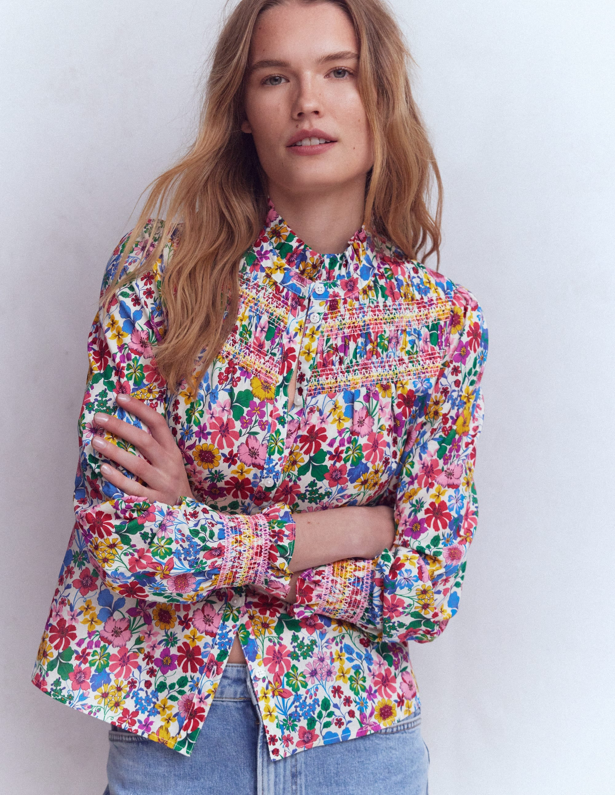 Esme Smocked Detail Frill Top-Multi, Blossoming Garden | Boden (US)