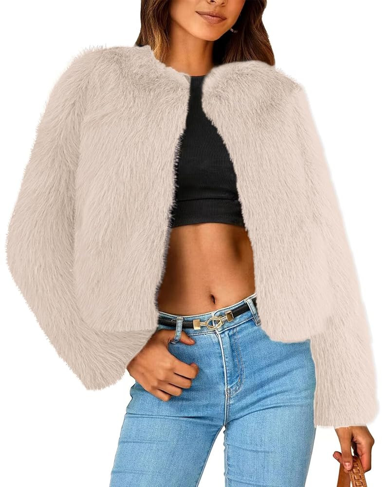 Simplee Women's Faux Fur Coat Furry Cropped Jacket Long Sleeve Warm Open Front Fur Jackets | Amazon (US)