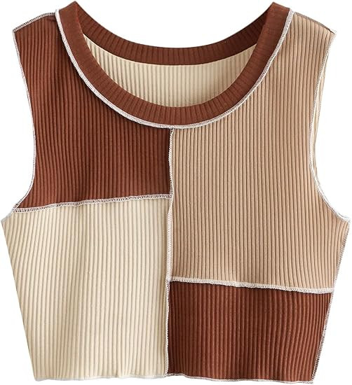 SheIn Women's Color Block Patchwork Tank Crop Top Sleeveless Round Neck Stitch Ribbed Knit Cami | Amazon (US)
