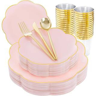 Pink Disposable Plastic Plates with Gold Silverware, 180-Piece Party Dinnerware Set | The Home Depot