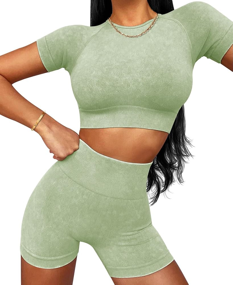 OLCHEE Womens Workout Sets 2 Piece - Seamless Acid Wash Yoga Outfits Shorts and Crop Top Matching... | Amazon (US)