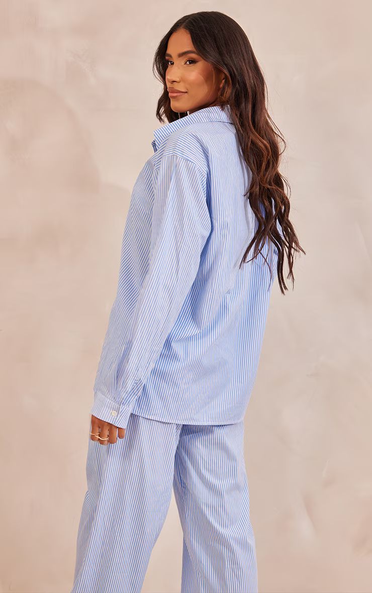 Blue Pinstripe Woven Oversized Button Up Shirt | PrettyLittleThing UK