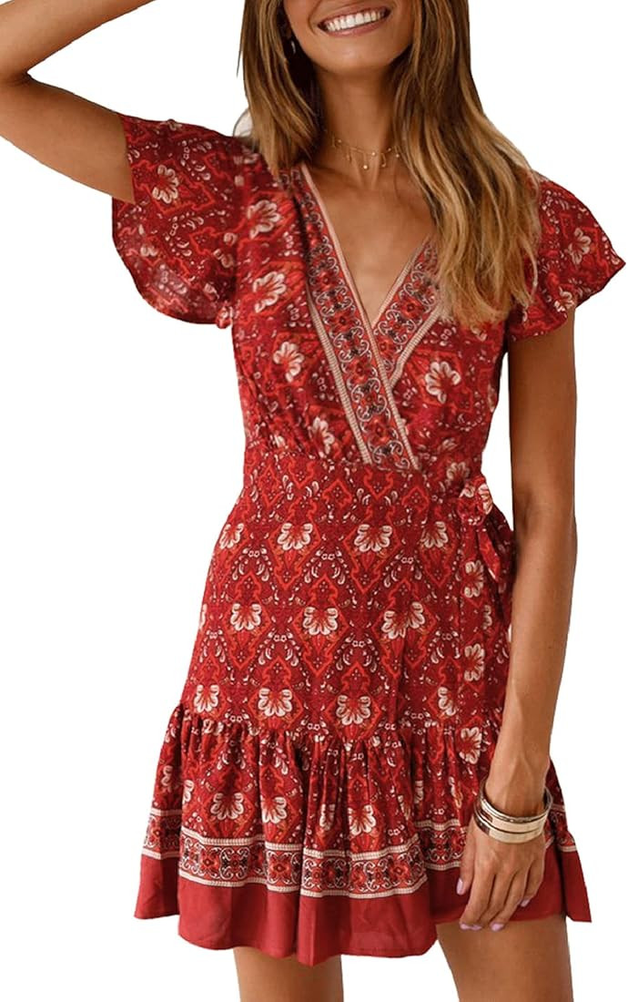 ZESICA Women's 2023 Summer Wrap V Neck Bohemian Floral Print Ruffle Swing A Line Beach Mini Dress | Amazon (US)