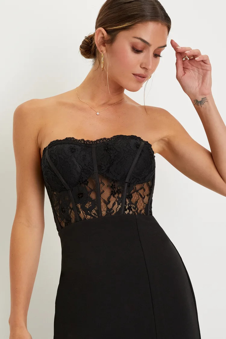 Sultry Persona Black Lace Strapless Bustier Dress Black Wedding Guest Dress Black Gown Winter Gown | Lulus (US)