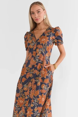 Navy Floral Printed Button Up Midi Dress | Avara