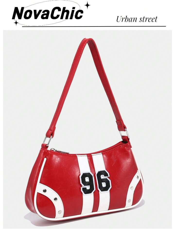 1pc Fashionable Retro College Style Faux Leather Color Block Numbered Decor Women Shoulder Bag, Personality, Versatile, Street, Sports, Sweet And Cool Girls, Y2K, Plaid, Preppy Style, Suitable For School, Date, Date Night, Teenagers | SHEIN