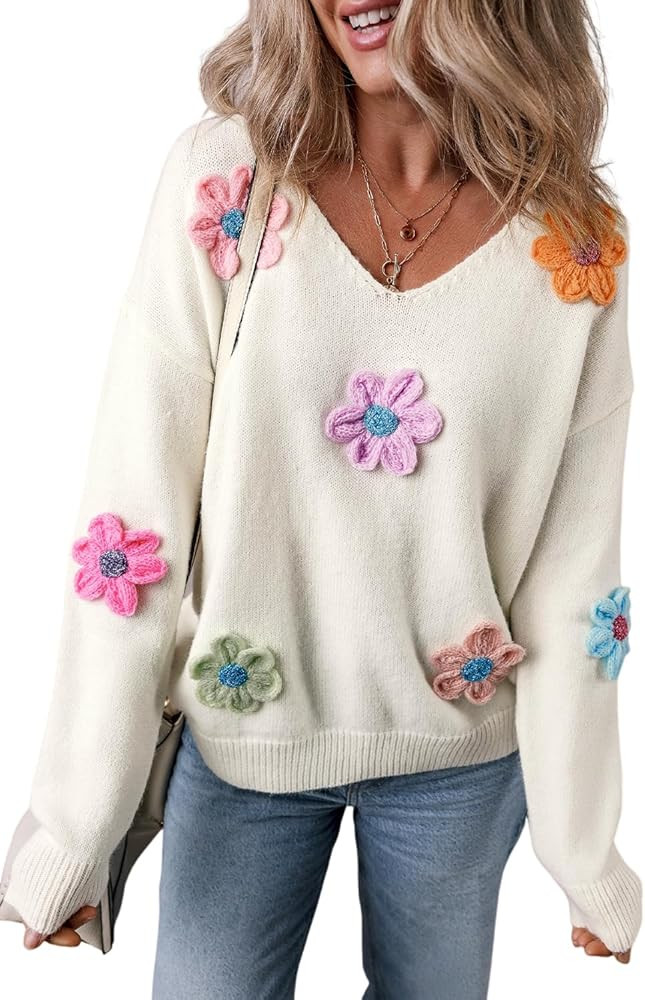 Ecosunny Sweaters for Women 2024 Long Sleeve V Neck Crochet Flower Sweater Pullover Tops Trendy K... | Amazon (US)