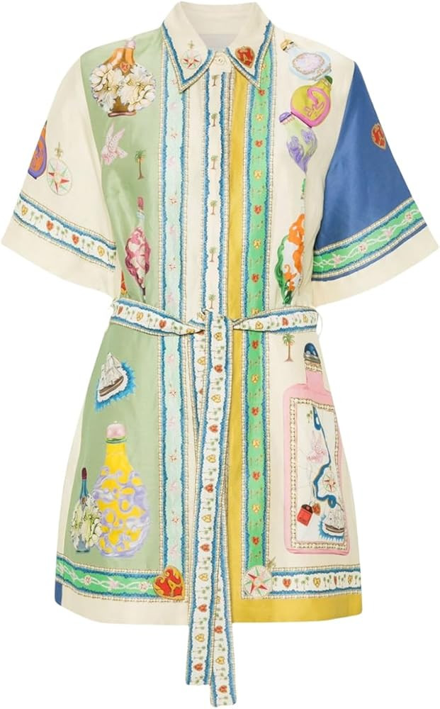 Womens Short Sleeve Vintage Dresses Printed Button Drawstring Shirt Dress Summer Casual Boho Part... | Amazon (US)