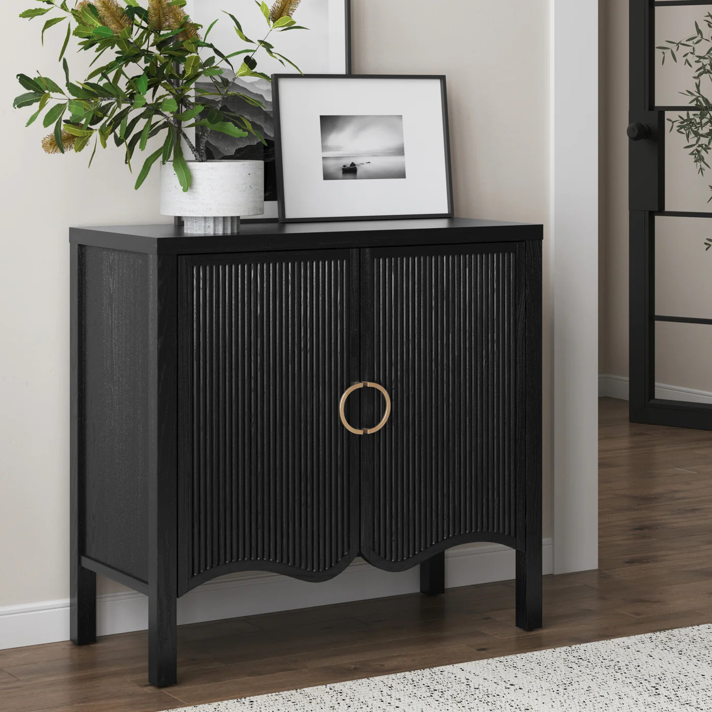Transitional Fluted Cabinet w/ Brass Handle Black Oak | Nathan James