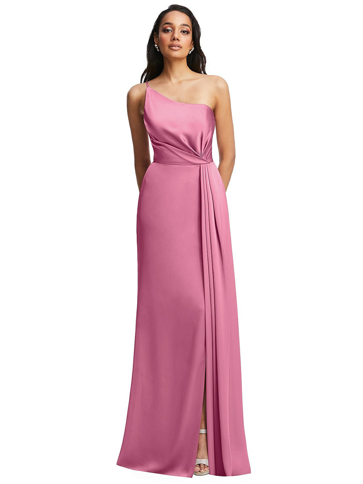 One-Shoulder Draped Skirt Satin Trumpet Gown in Orchid Pink | Dessy Group
