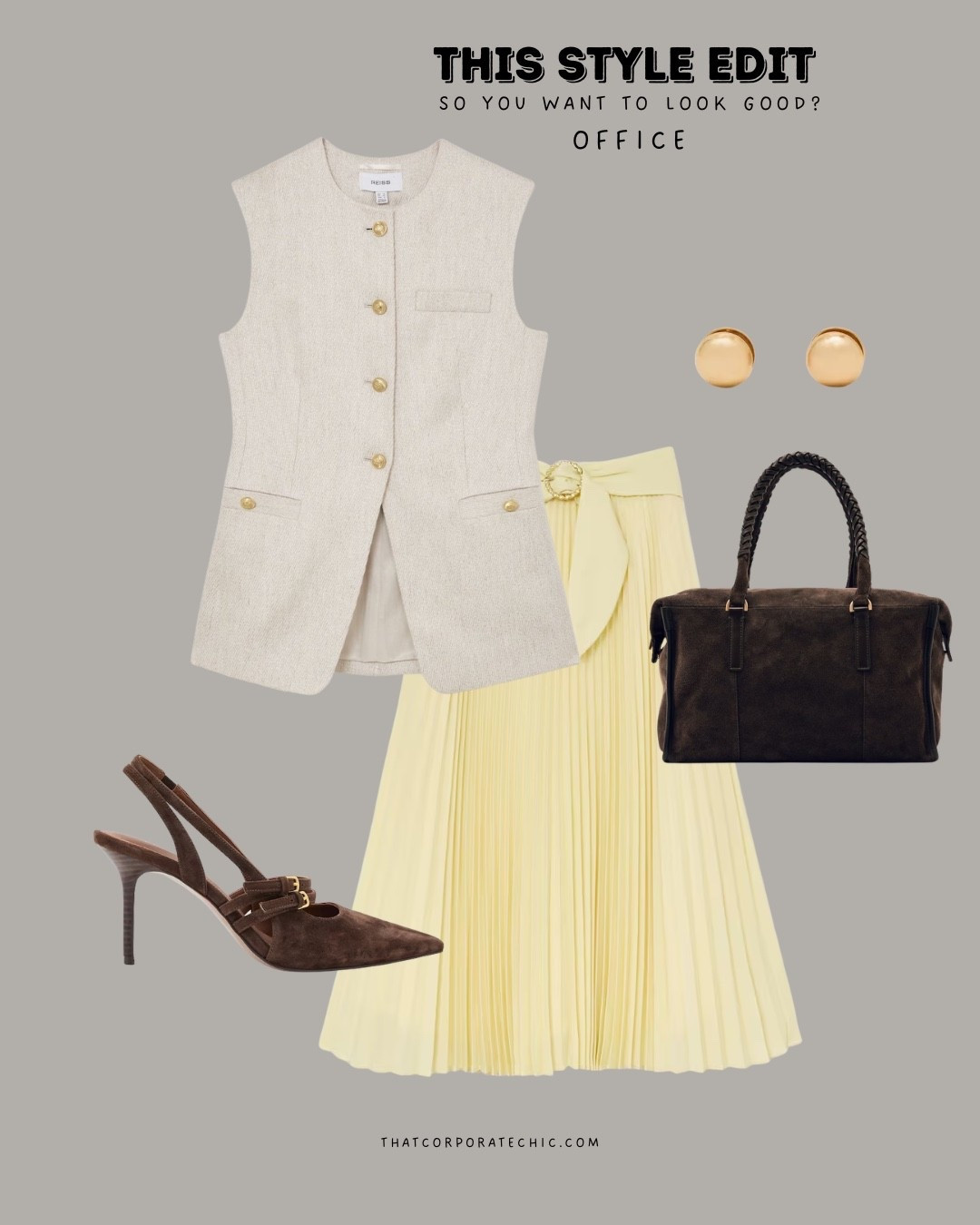 Workwear style: Vest and midi skirt with brown accessories 

Work bag
Work shoes
Midi skirt
Yellow skirt
Beige waistcoat 

#LTKstyletip #LTKworkwear #LTKsummer