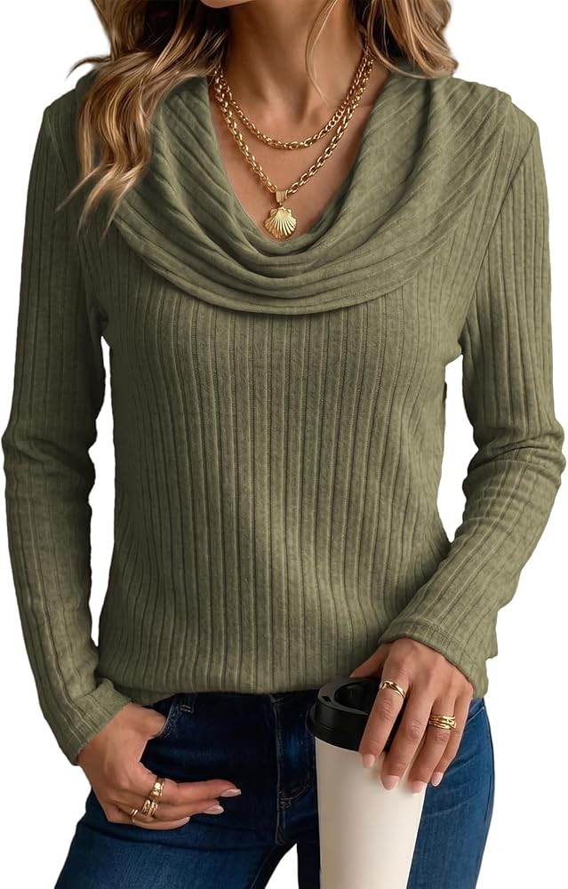Dokotoo Long Sleeve Shirts for Women Cowl Neck Ribbed Knit Draped Womens Tops Blouses Solid Color... | Amazon (US)