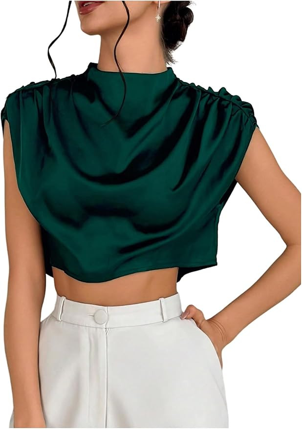 OYOANGLE Women's Elegant Cap Sleeve Satin Top Blouse Ruched Mock Neck Silk Camisole Tops Work Dre... | Amazon (US)