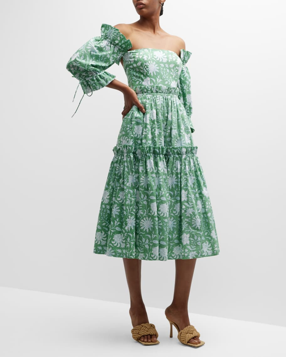 EDDY Olivia Tiered-Ruffle Floral Cotton Midi Dress | Neiman Marcus