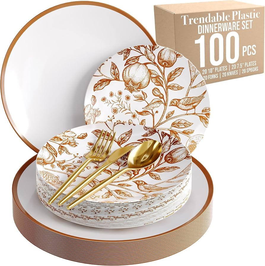 Trendables Fancy Plastic Dinnerware Sets 100 Pc Set 20 Guests Gold Silverware Disposable 20 X 10 ... | Amazon (US)