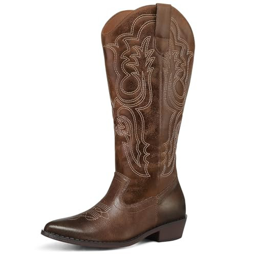 mysoft Women's Wide Calf Cowboy Boots Pull on Cowgirl Embroidered Mid Calf Pointed Toe Chunky Heel Western Boots | Amazon (US)