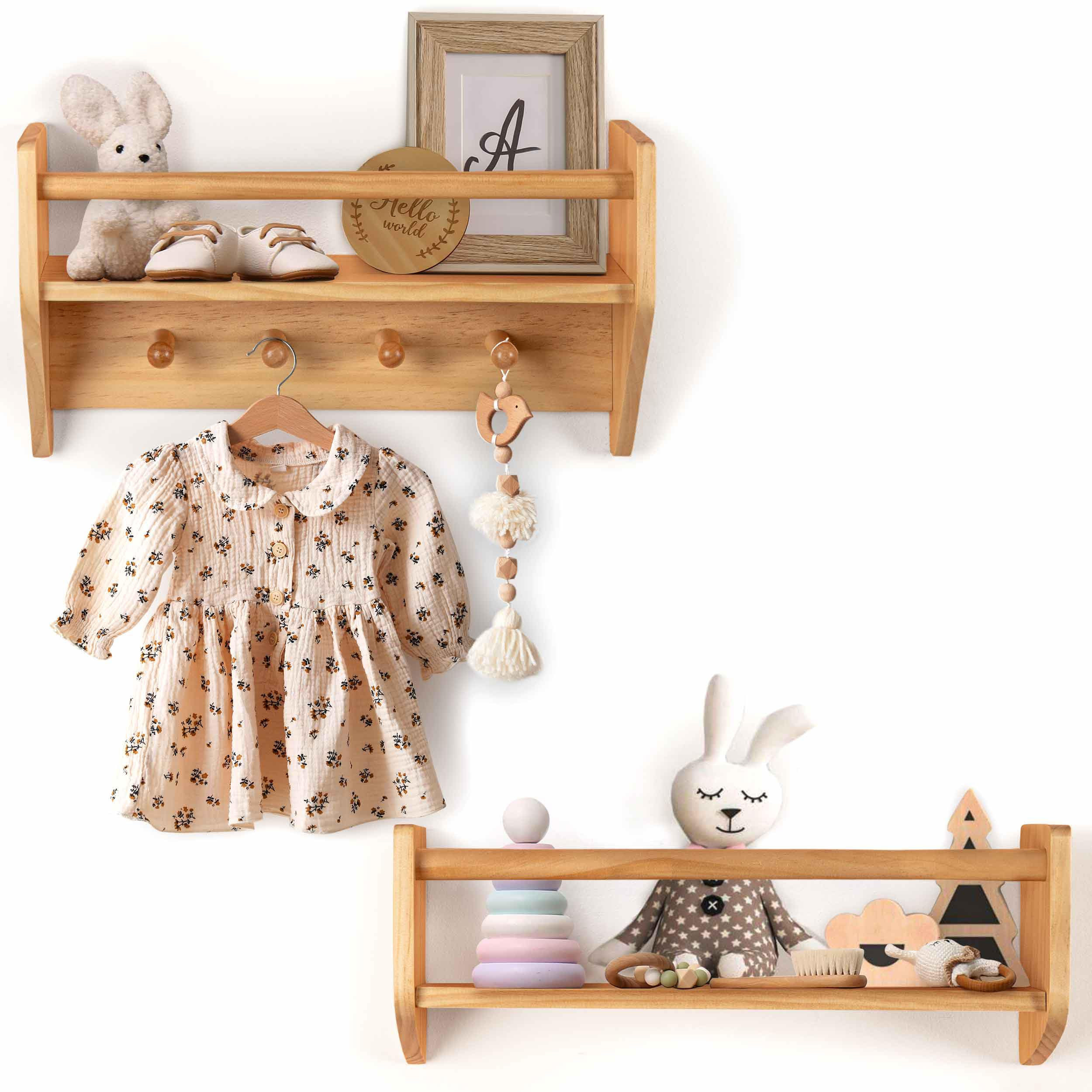 BINGY Nursery Book Shelves - Set of 2 Wall Shelves with Hooks for Clothes - 2-Tier Nursery Bookshelves Made from Solid Wood - 15.71" x 4.8" x 5.5" - Natural Wood | Amazon (US)