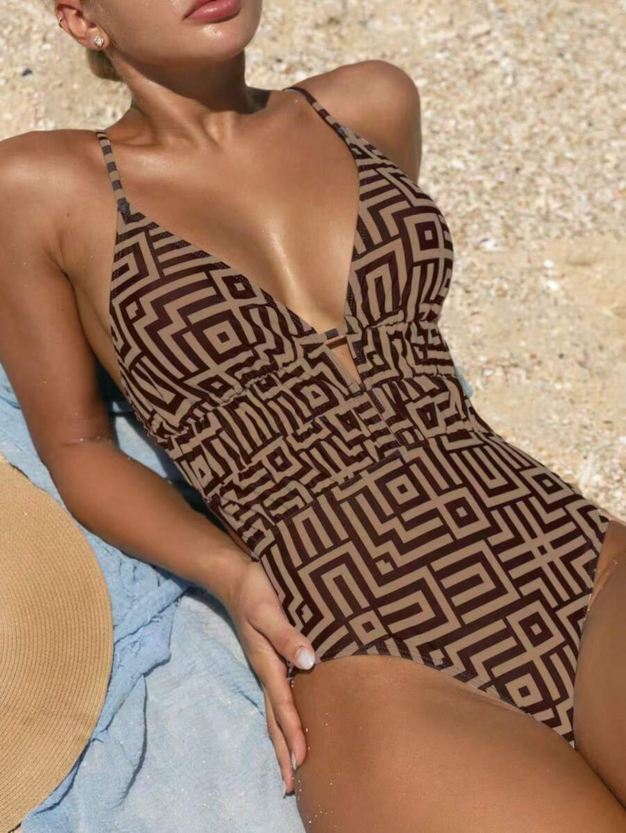 Breezaya Women Random Print Strap Ruched Cutout One-Piece Swimsuit Summer | SHEIN
