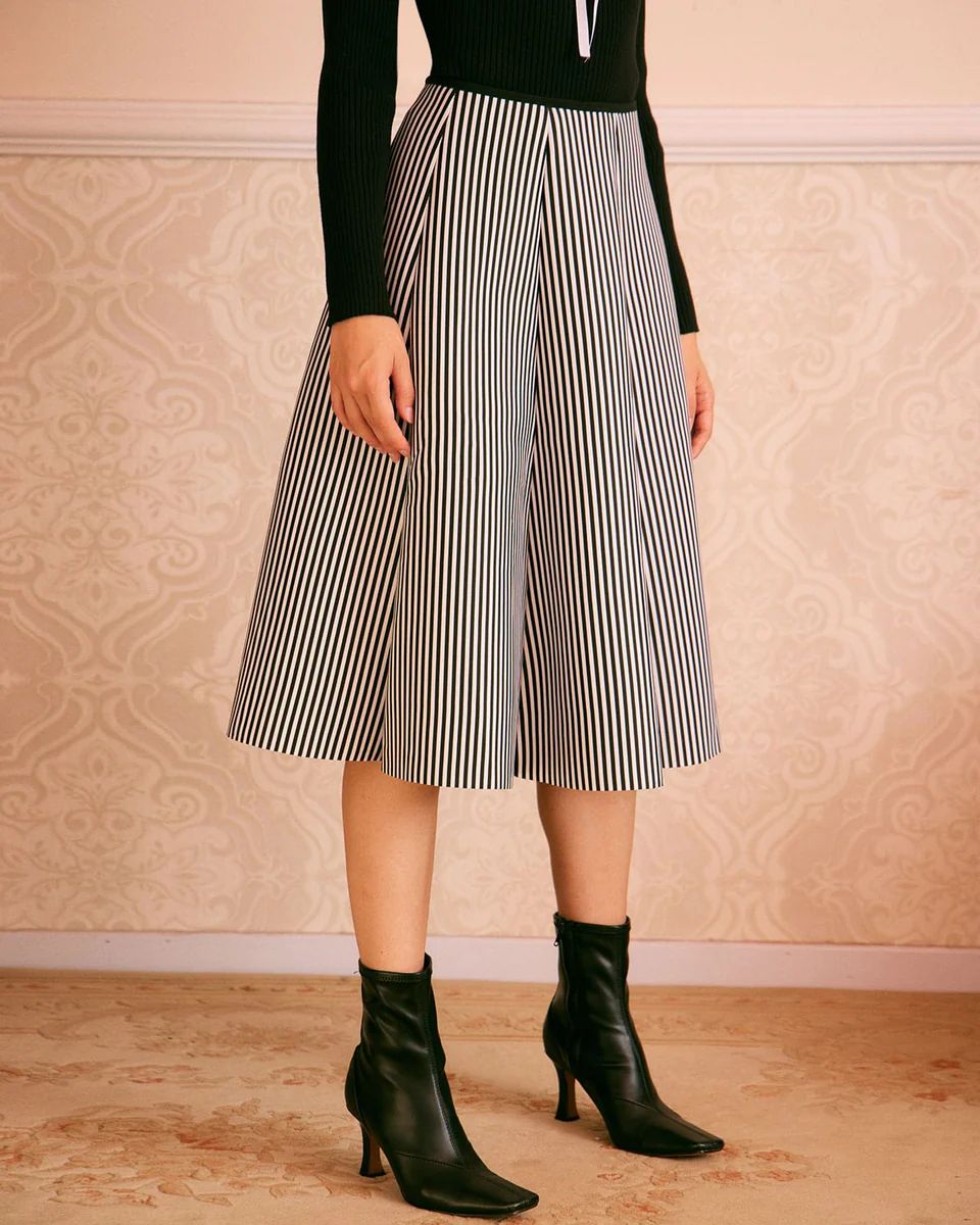 The Black Elastic Striped A Line Midi Skirt & Reviews - Black - Bottoms | RIHOAS | rihoas.com