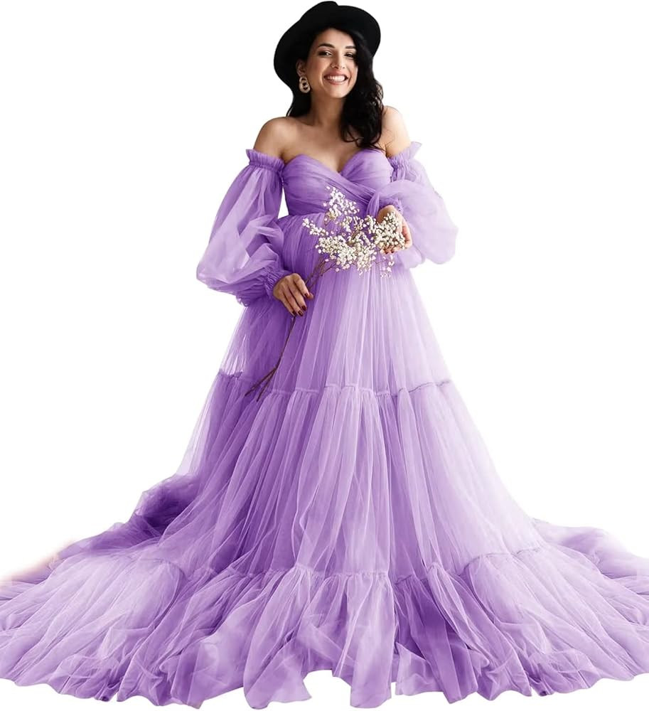 Toreque Puffy Tulle Maternity Dress for Photoshoot Long Sleeve Robes Off Shoulder Sheer Lingerie Bab | Amazon (US)
