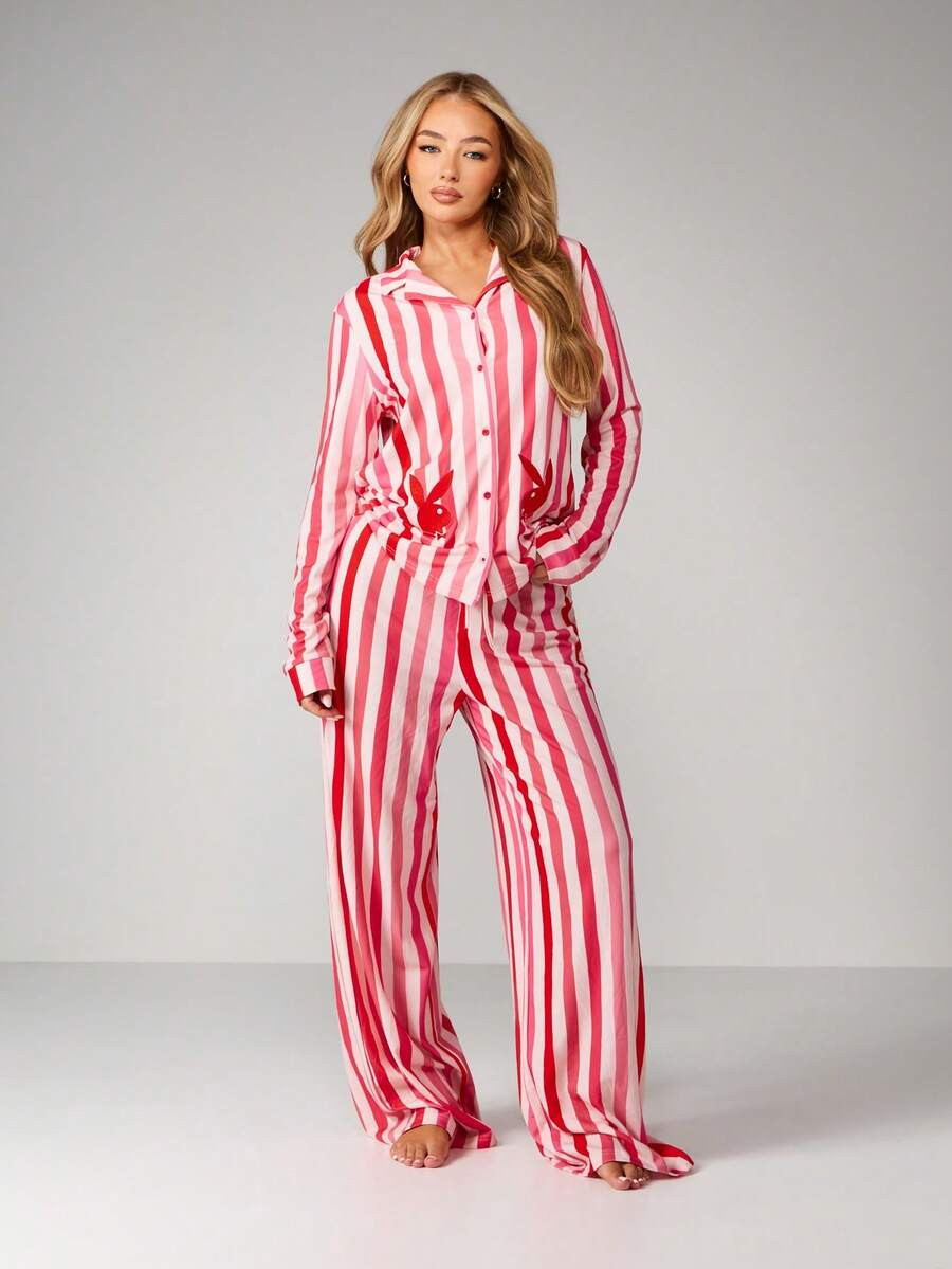 Missguided x Playboy Christmas Striped Long Sleeve Pajama Set | SHEIN