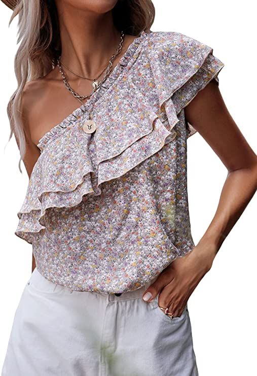 MakeMeChic Women's Ditsy Floral One Shoulder Ruffle Trim Summer Blouse Top | Amazon (US)