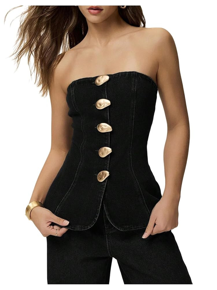 Milumia Women's Metal Button Front Denim Tube Top Elegant Sleeveless Bandeau Tops | Amazon (US)