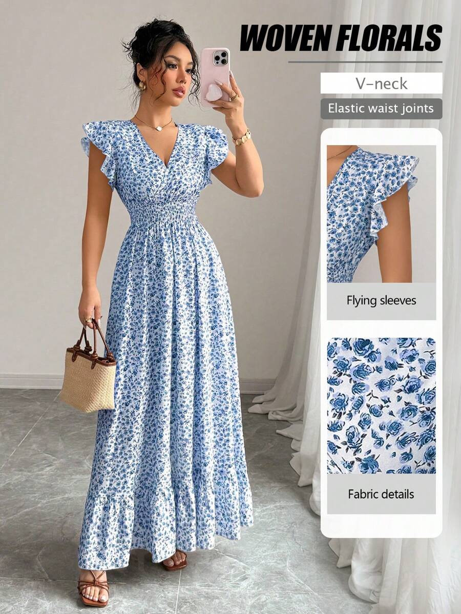 Elenzga New Fashion Shirred Woven Micro Ditsy Floral Cap Sleeve Ruffle Hem Cinched Waist Vacation... | SHEIN