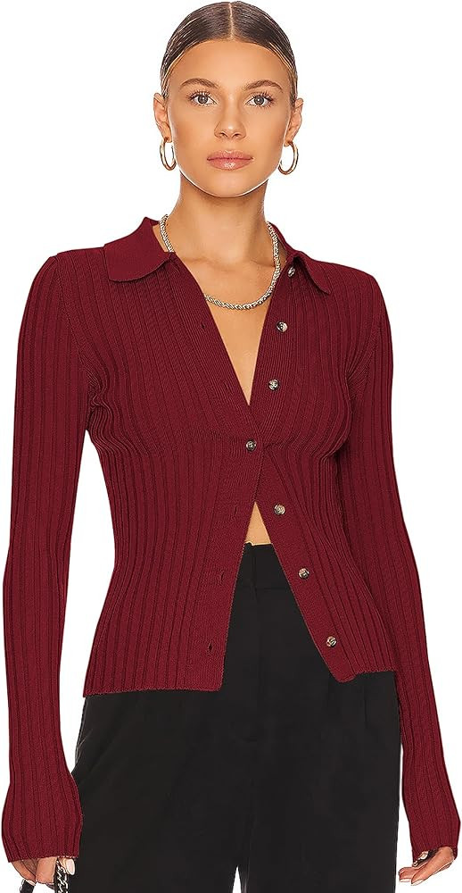 ZAFUL Women's V Neck Button Down Ribbed Sweater Cardigan Long Sleeve Polo Collar Slim Knitted Pul... | Amazon (US)