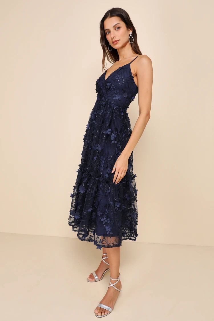 Springtime Soiree Navy Blue Sequin 3D Floral Applique Midi Dress | Lulus