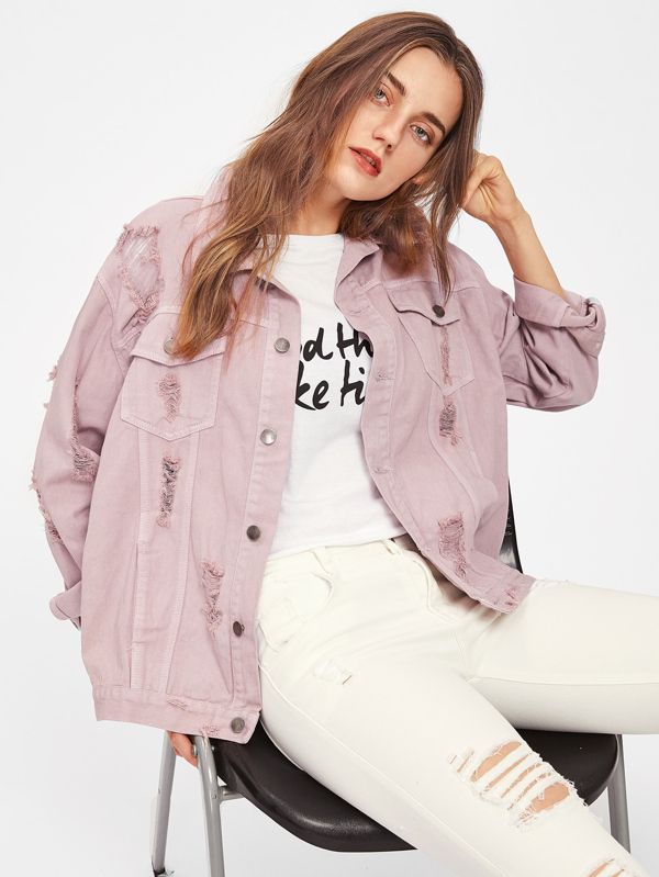 Rips Detail Boyfriend Denim Jacket | SHEIN