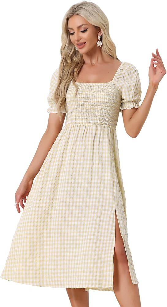 Allegra K Midi Dress for Women's Smocked Front Tie Back Checks Gingham Dresses | Amazon (US)
