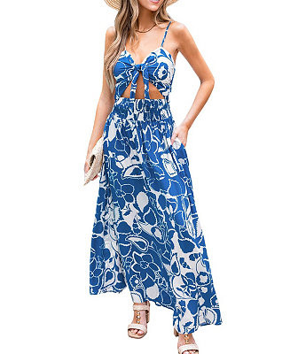 CUPSHE Women's Blue Keyhole Smocked Waist Maxi Beach Dress - Macy's | Macy's