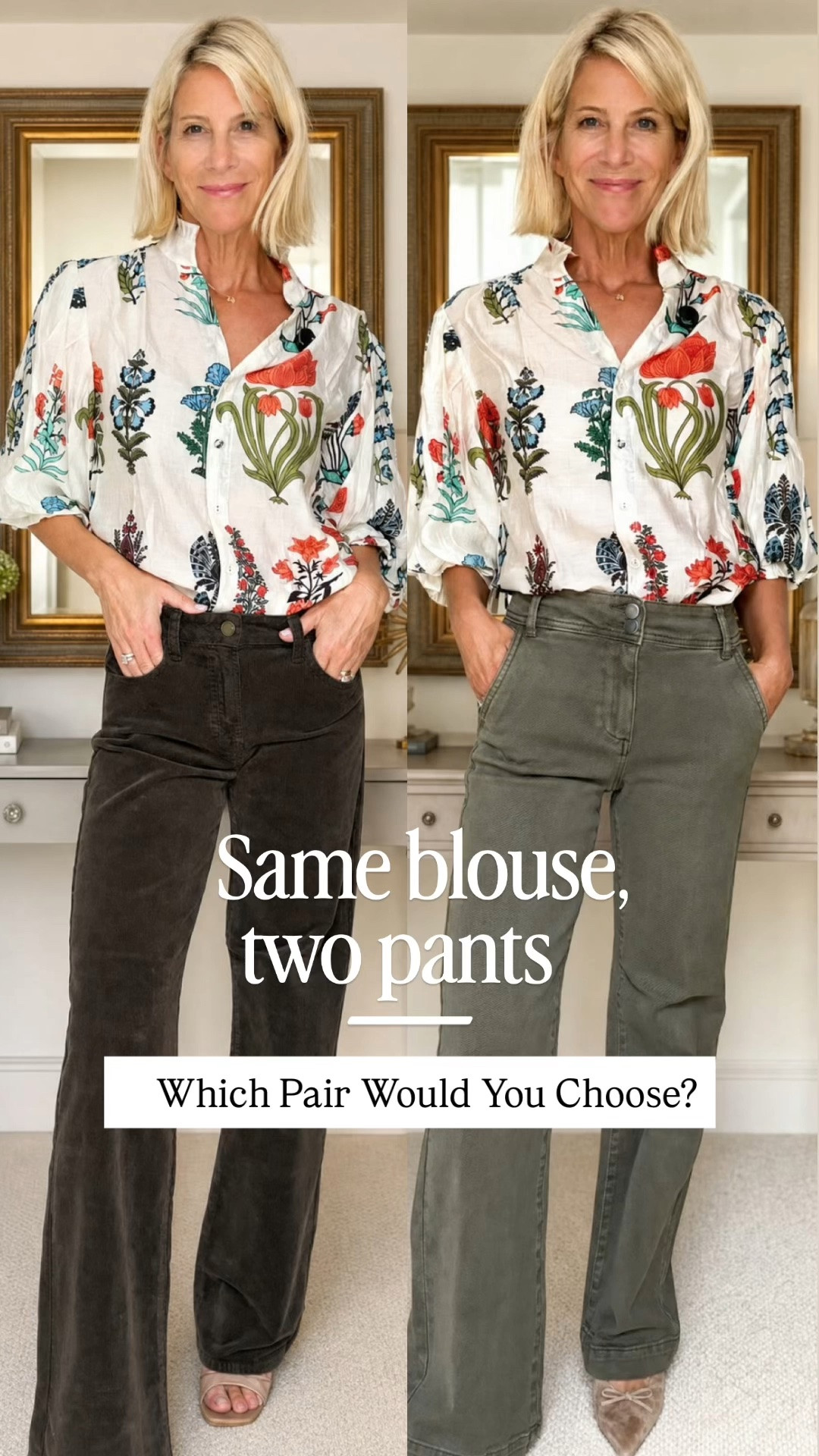 This beautiful floral blouse pairs effortlessly with both rich chocolate brown and classic olive pants, creating two polished looks with the same timeless appeal. The brown feels warm and sophisticated, while the olive brings a relaxed, modern edge. Both are versatile neutrals you’ll reach for season after season.

👩‍💻 LTK PRO TIPS
❤️ Heart = Support my posts ;-)
🔖 Save = Keep this styling idea for your next outfit.
📋 Lists = Organize your favorite wardrobe staples.
📲 Share = Send this to a friend who loves classic style.
💬 Comment = Team Olive 💚 or Team Brown 🤎?

#LTKootd #LTKSeasonal #LTKOver40