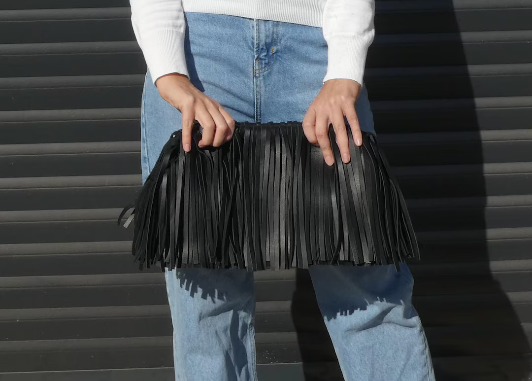 Handmade black genuine leather tasselled framed clutch, Leather large cloud bag with tassels, Ove... | Etsy (US)