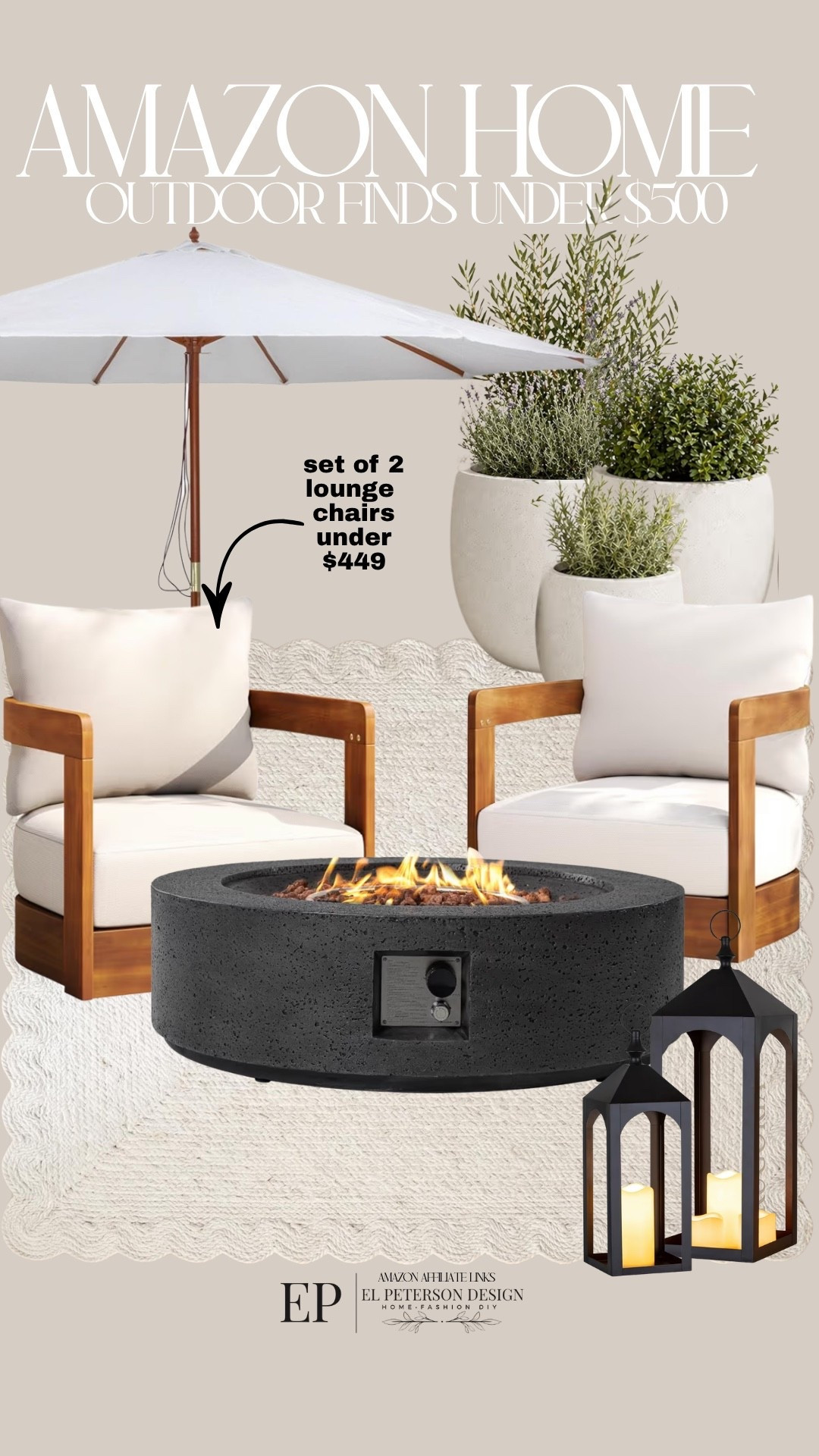 Amazon
Rug
Fire pit
Floor lantern 
Outdoor chairs
Planters
Umbrella