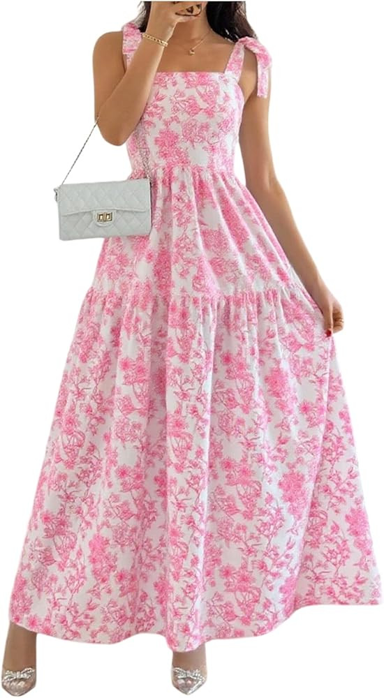 GORGLITTER Women's Floral Bow Tie Shoulder Maxi Dress Smocked Tiered Ruffle Sundress Boho Casual ... | Amazon (US)