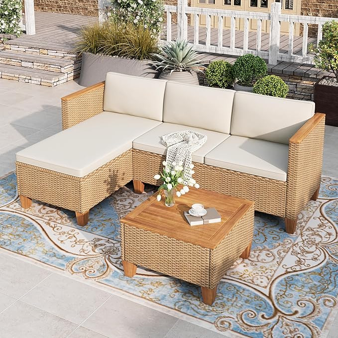 HERA'S HOUSE Small Patio Furniture Set, 3 Pieces Wicker Outdoor Sectional Sets,Yellow Rattan Conv... | Amazon (US)