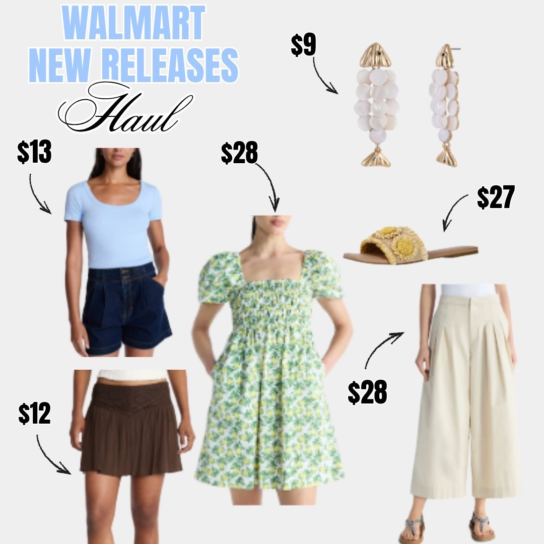 The Walmart new releases are here and these prices are unreal 🤍✨ A blue scoop neck tee, brown pleated mini skirt, green floral smocked puff sleeve dress, cream wide leg trousers, raffia flower slide sandals, and the cutest white fish drop earrings — all under $30 and all completely worth it.

#LTKSeasonal #LTKTall #LTKootd