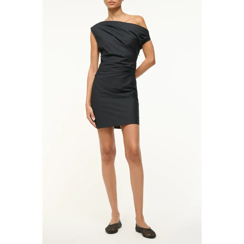STAUD Phare One-Shoulder Woven Stretch Cotton Minidress in Black at Nordstrom, Size 0 | Nordstrom